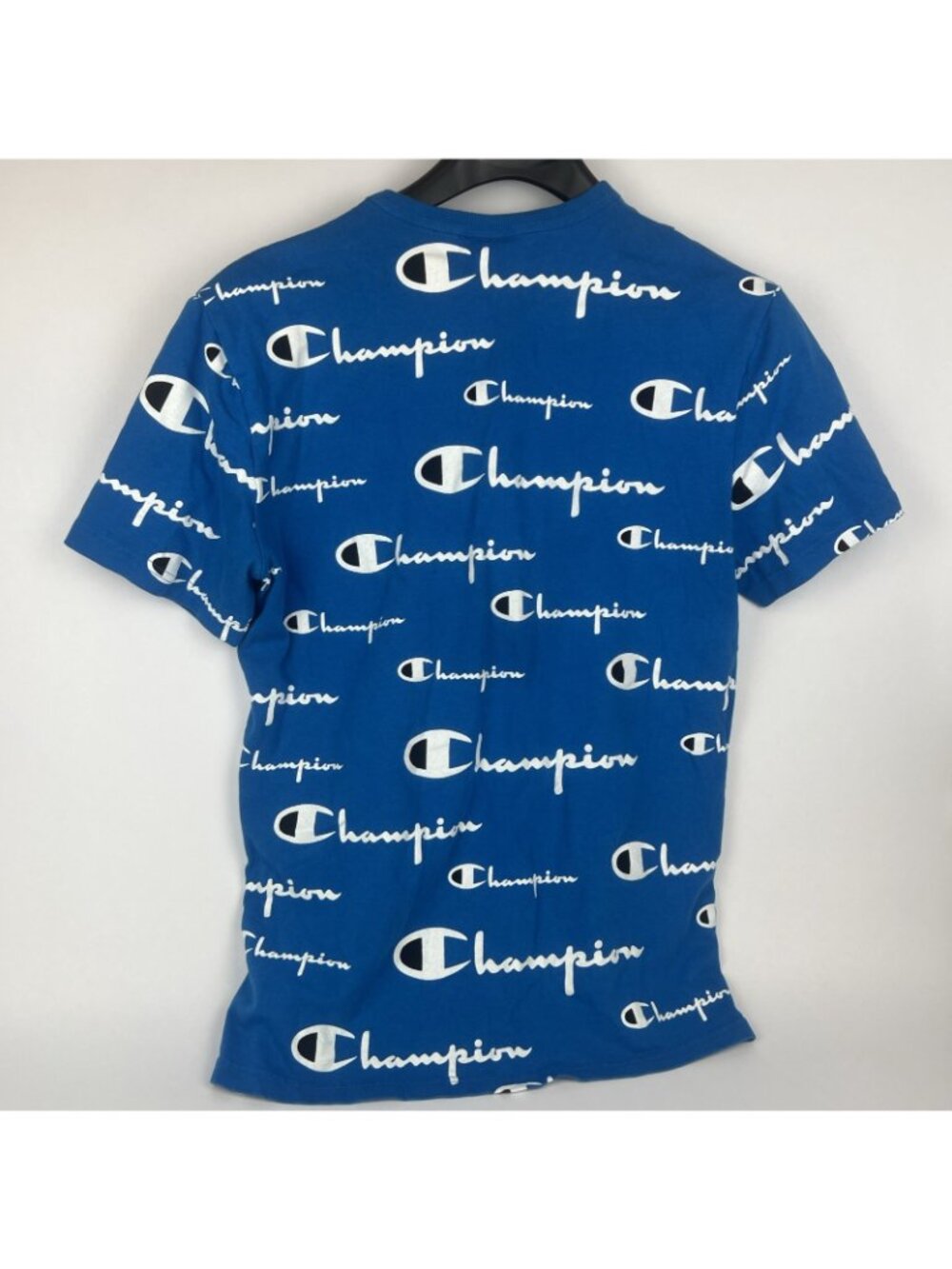 Champion Spellout All Over Print Tee Shirt Vintage Men's Medium Blue Cotton - Picture 3 of 3